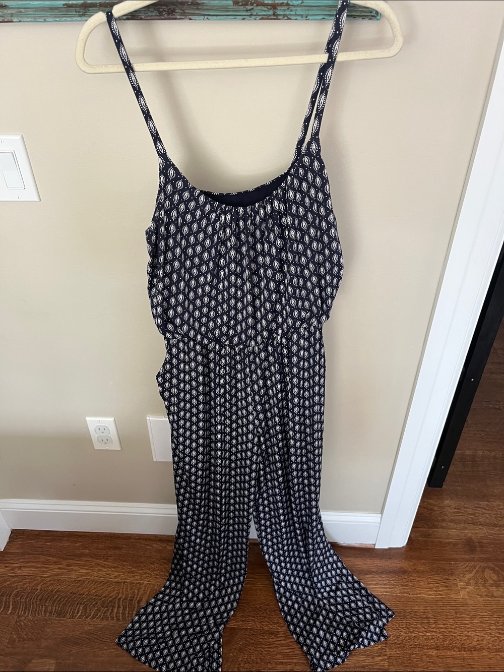 Kaileigh Navy and White Printed Spaghetti-Strap Jumpsuit